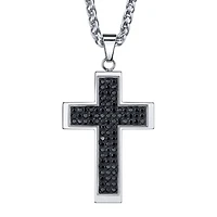 Mens Stainless Steel & Black Cubic Zirconia Cross Pendant Necklace