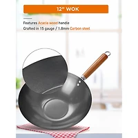 Commercial Chef Carbon With Wood Handle 12 Inch Non-Stick Steel Wok