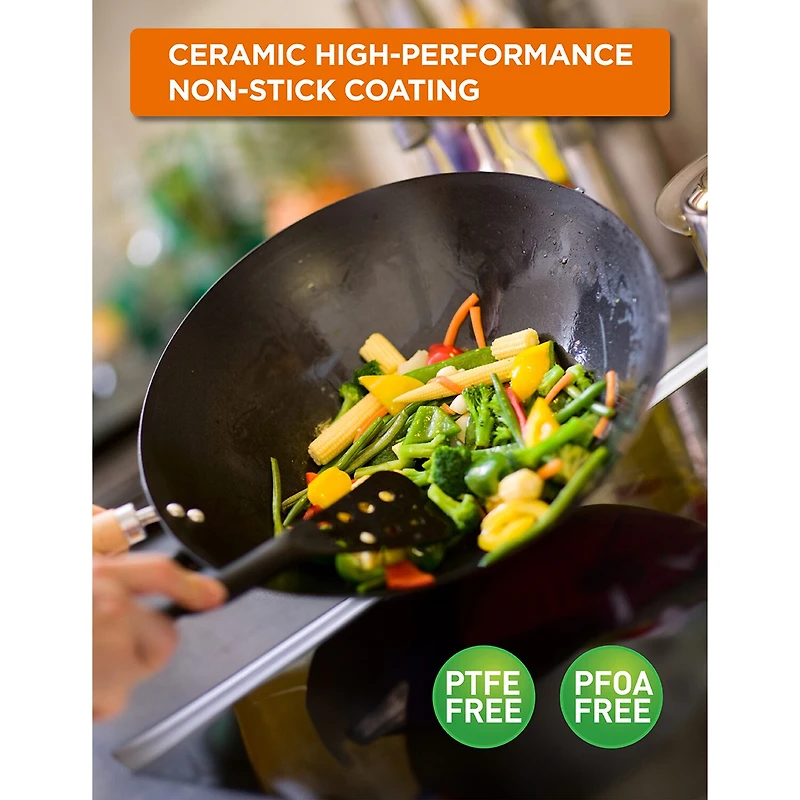 Commercial Chef Carbon With Wood Handle 12 Inch Non-Stick Steel Wok