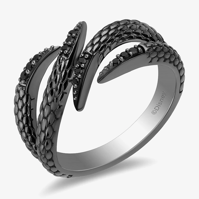 Enchanted Disney Fine Jewelry Womens 1/10 CT. T.W. Natural Black Diamond Sterling Silver Maleficent Bypass Cocktail Ring