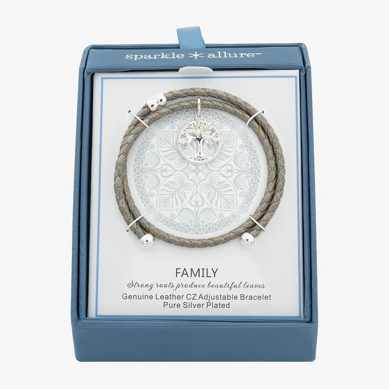 Sparkle Allure Grey Leather Coil Tree Of Life Womens Cubic Zirconia Pure Silver Over Brass Wrap Bracelet