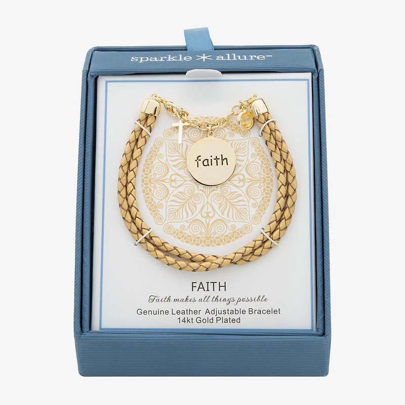 Sparkle Allure Leather Faith Womens Yellow Cubic Zirconia 14K Gold Over Brass Cross Round Charm Bracelet