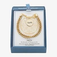Sparkle Allure Leather Faith Womens Yellow Cubic Zirconia 14K Gold Over Brass Cross Round Charm Bracelet