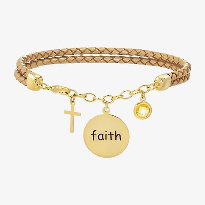 Sparkle Allure Leather Faith Womens Yellow Cubic Zirconia 14K Gold Over Brass Cross Round Charm Bracelet