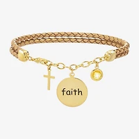 Sparkle Allure Leather Faith Womens Yellow Cubic Zirconia 14K Gold Over Brass Cross Round Charm Bracelet