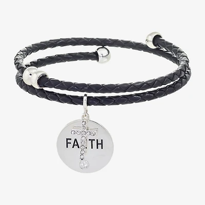 Sparkle Allure Leather Coil Faith Womens Cubic Zirconia Pure Silver Over Brass Wrap Bracelet