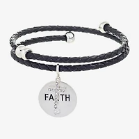 Sparkle Allure Black Leather Coil Faith Womens Cubic Zirconia Pure Silver Over Brass Wrap Bracelet