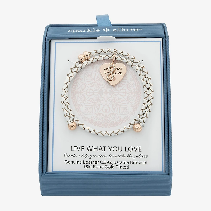 Sparkle Allure White Leather Coil Womens Cubic Zirconia 18K Rose Gold Over Brass Wrap Bracelet
