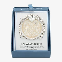 Sparkle Allure White Leather Coil Womens Cubic Zirconia Pure Silver Over Brass Wrap Bracelet