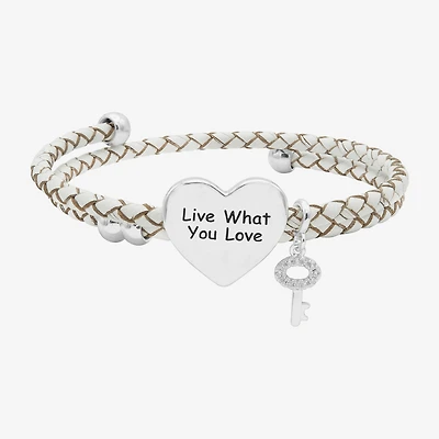 Sparkle Allure White Leather Coil Womens Cubic Zirconia Pure Silver Over Brass Wrap Bracelet