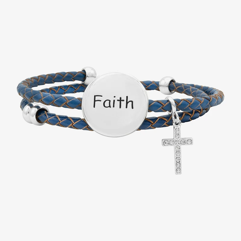 Sparkle Allure Leather Coil Faith Womens Cubic Zirconia Pure Silver Over Brass Wrap Bracelet
