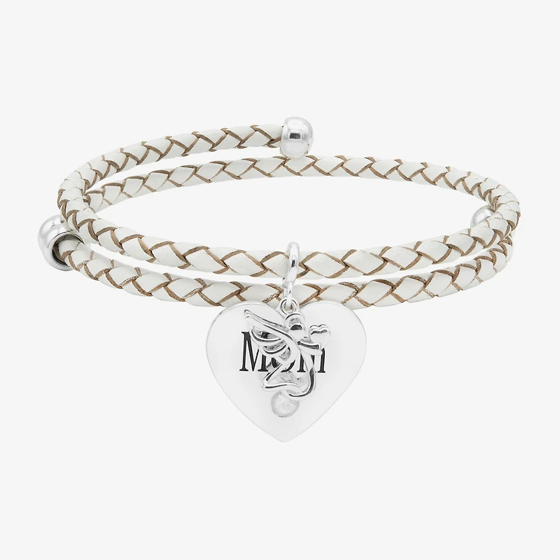 Sparkle Allure White Leather Coil Mom Womens Cubic Zirconia Pure Silver Over Brass Wrap Bracelet