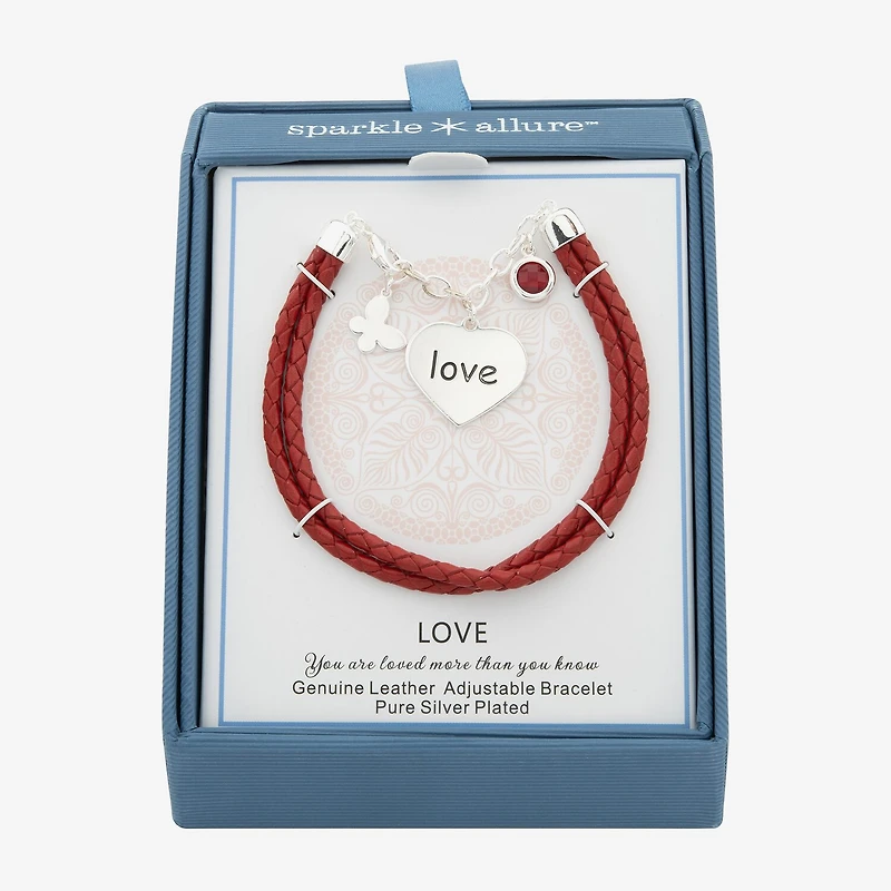 Sparkle Allure White Leather Love Womens Cubic Zirconia Pure Silver Over Brass Butterfly Heart Charm Bracelet