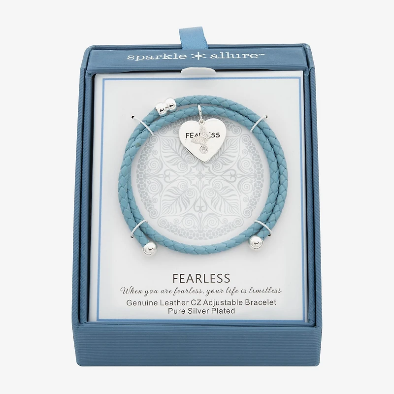 Sparkle Allure Blue Leather Coil Fearless Womens Cubic Zirconia Pure Silver Over Brass Wrap Bracelet
