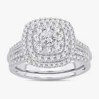 Womens 1 CT.T.W. Natural Diamond 10K or 14K White Gold Cushion Side Stone Halo Bridal Set