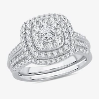 Womens 1 CT.T.W. Natural Diamond 10K or 14K White Gold Cushion Side Stone Halo Bridal Set