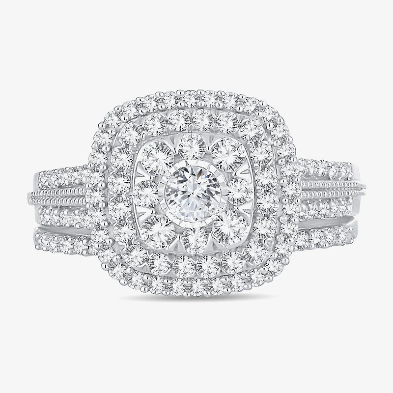 Womens 1 CT.T.W. Natural Diamond 10K or 14K White Gold Cushion Side Stone Halo Bridal Set