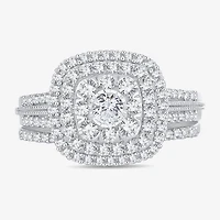 Womens 1 CT.T.W. Natural Diamond 10K or 14K White Gold Cushion Side Stone Halo Bridal Set