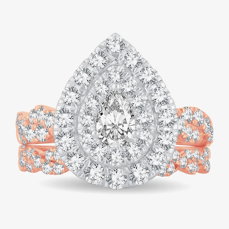 Signature By Modern Bride Womens 2 CT.T.W. Natural Diamond 10K or 14K Gold Pear Side Stone Halo Bridal Set