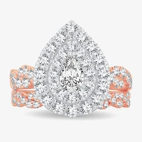 Signature By Modern Bride Womens 2 CT.T.W. Natural Diamond 10K or 14K Gold Pear Side Stone Halo Bridal Set
