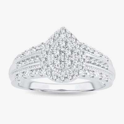 Womens 1/2 CT.T.W. Natural Diamond 10K or 14K White Gold Pear Side Stone Halo Engagement Ring