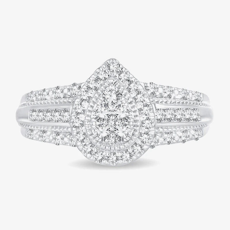 Womens 1/2 CT.T.W. Natural Diamond 10K or 14K White Gold Pear Side Stone Halo Engagement Ring