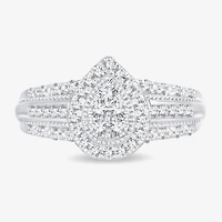 Womens 1/2 CT.T.W. Natural Diamond 10K or 14K White Gold Pear Side Stone Halo Engagement Ring