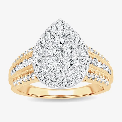 Womens 1 CT.T.W. Natural Diamond 10K or 14K Gold Pear Side Stone Halo Engagement Ring