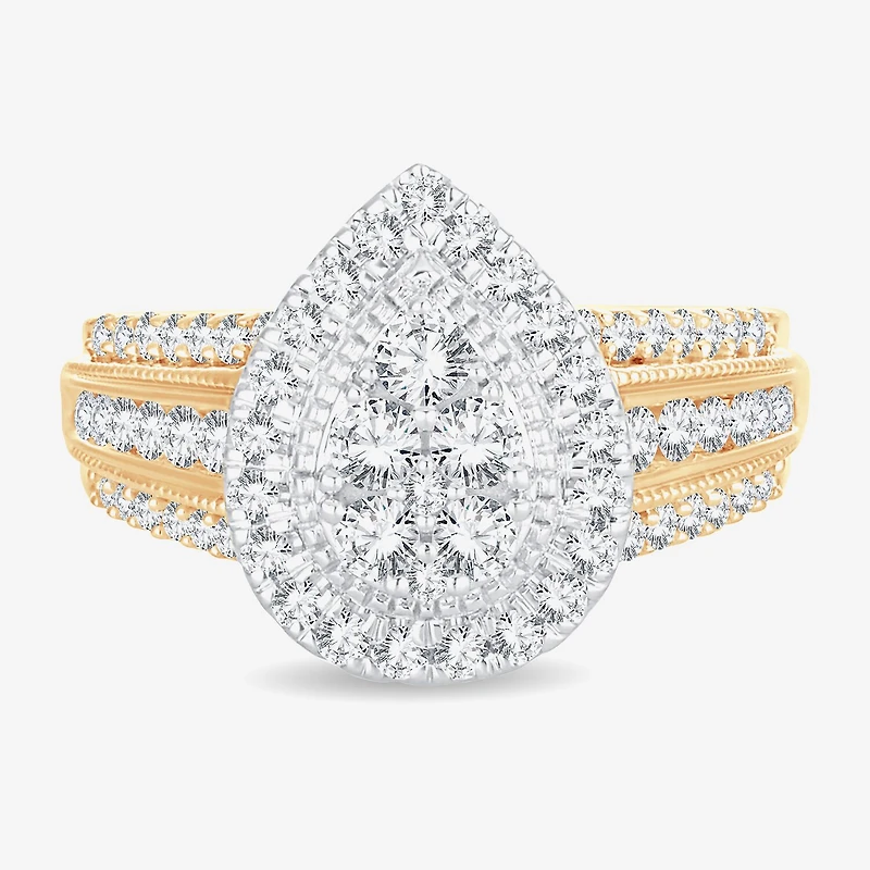 Womens 1 CT.T.W. Natural Diamond 10K or 14K Gold Pear Side Stone Halo Engagement Ring
