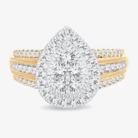 Womens 1 CT.T.W. Natural Diamond 10K or 14K Gold Pear Side Stone Halo Engagement Ring