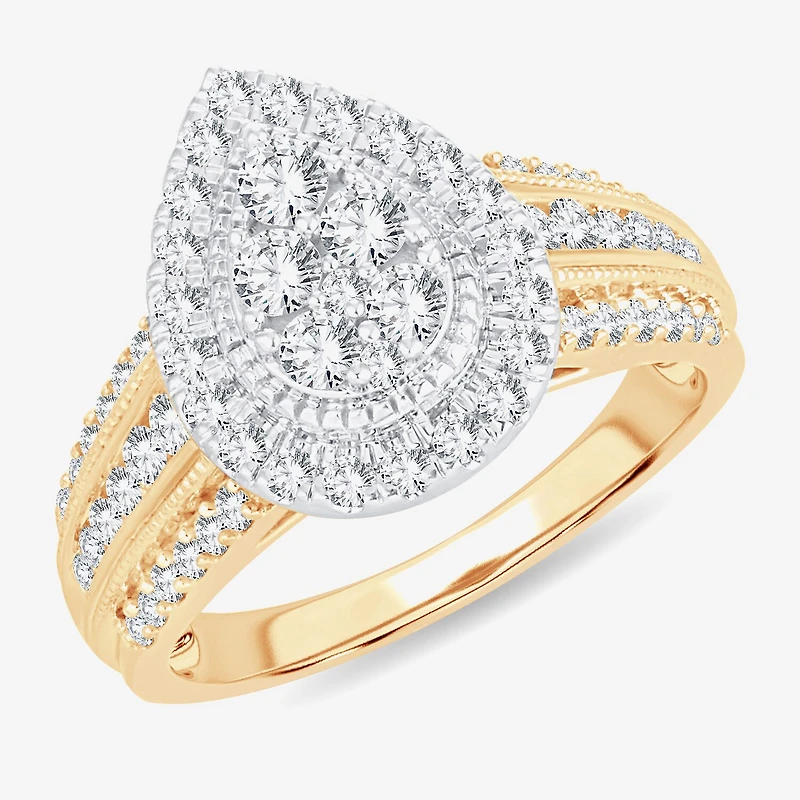 Womens 1 CT.T.W. Natural Diamond 10K or 14K Gold Pear Side Stone Halo Engagement Ring