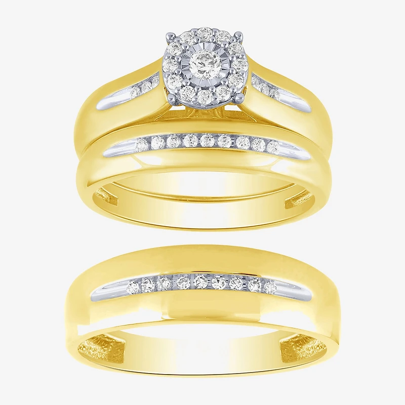 Unisex Adult 1/3 CT. T.W. White Diamond 10K Two Tone Gold Halo Side Stone Ring Set