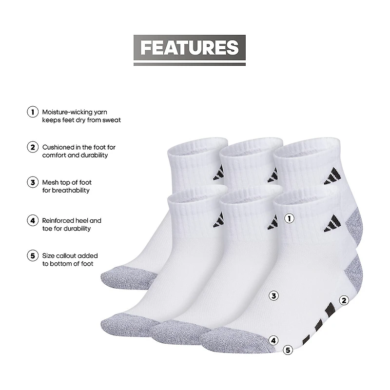 adidas Boys 6 Pair Quarter Ankle Socks