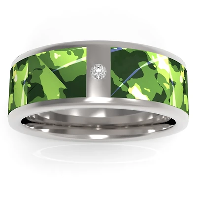 Green Camo Mens 8MM Diamond Accent Natural White Stainless Steel Wedding Band