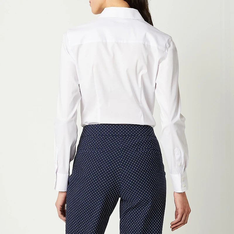 Liz Claiborne Womens Long Sleeve Regular Fit Wrinkle Free Poplin Button-Down Shirt