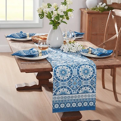 Threadmade Vietri Medallion Block Print Stain N Water Resistant Indoor/Outdoor Table Runner
