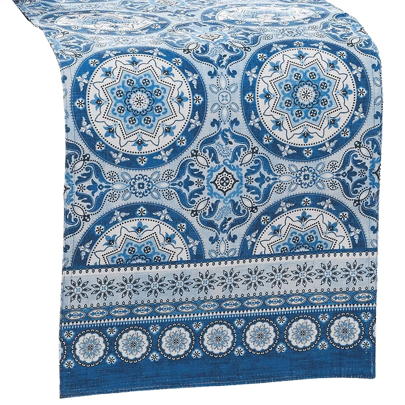 Threadmade Vietri Medallion Block Print Stain N Water Resistant Indoor/Outdoor Table Runner