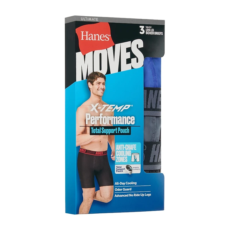 Hanes® Ultimate Men's Underwear 3-Pack Moves X-TEMP® Performance Long Leg Boxer Brief with Total Support Pouch™ Umslf3
