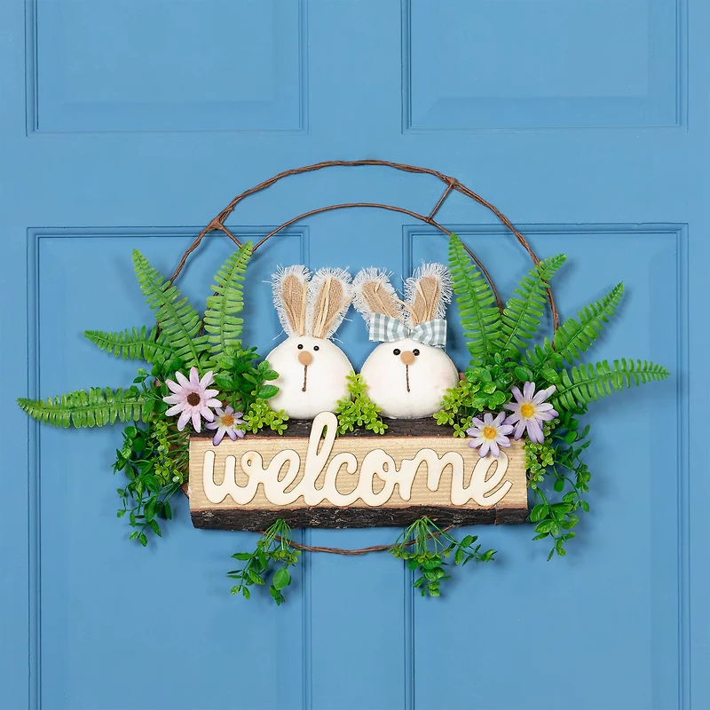 Northlight 16" Rabbit Couple Floral Welcome Hanging Decor