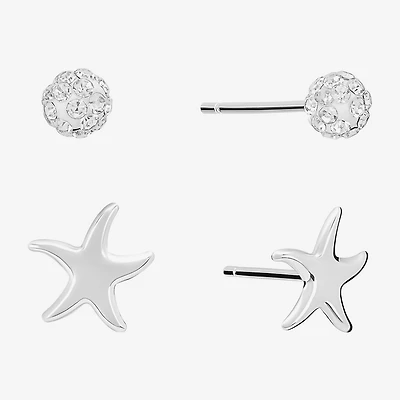 Silver Treasures Starfish Womens Crystal Sterling Silver Round 2 Pair Earring Set