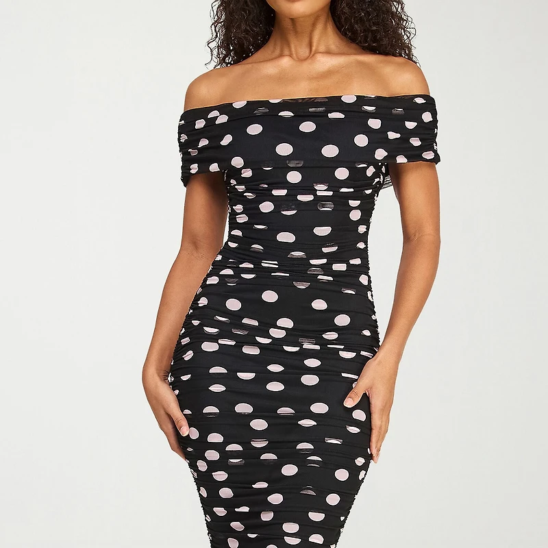 Premier Amour Womens Short Sleeve Off The Shoulder Midi Polka Dot Sheath Dress