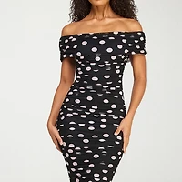 Premier Amour Womens Short Sleeve Off The Shoulder Midi Polka Dot Sheath Dress