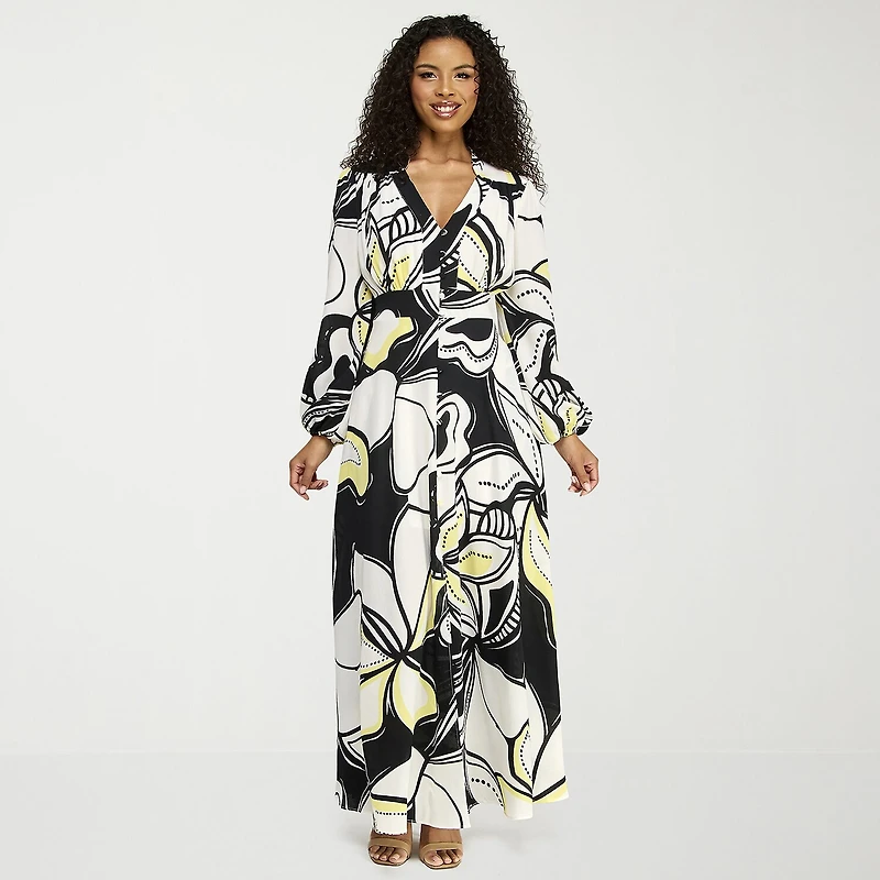 Premier Amour Womens High-Low V Neck Long Sleeve Puffed Maxi Dress