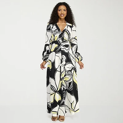 Premier Amour Womens High-Low V Neck Long Sleeve Puffed Maxi Dress