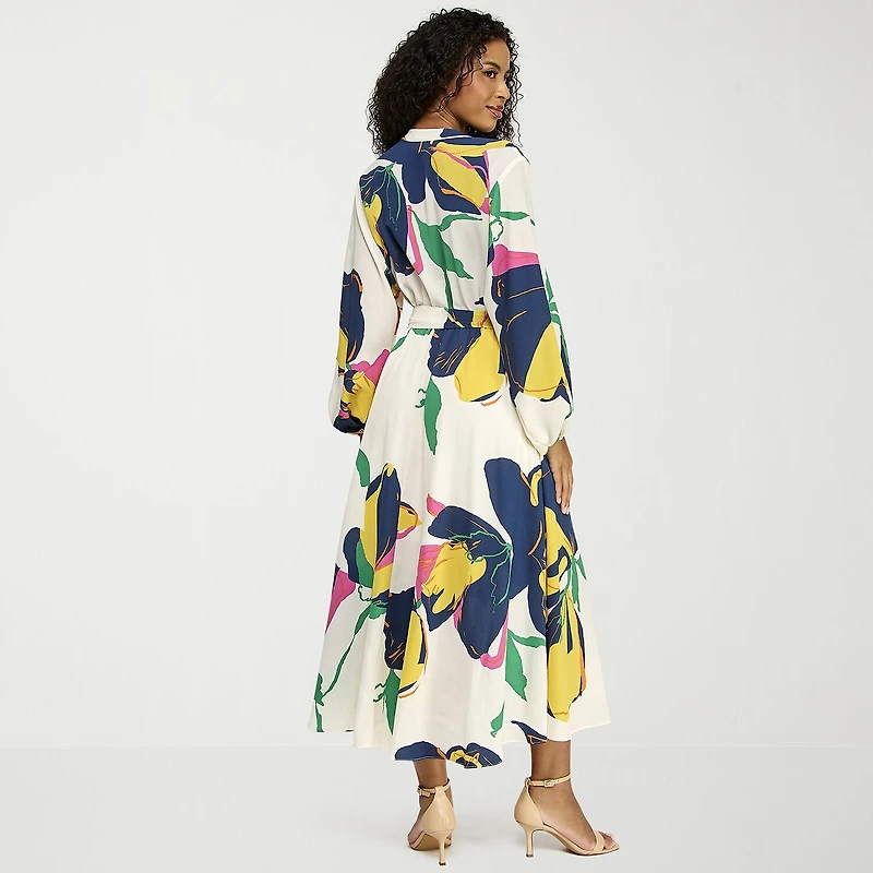Premier Amour Womens Midi V Neck Long Sleeve Puffed Floral Fit + Flare Dress