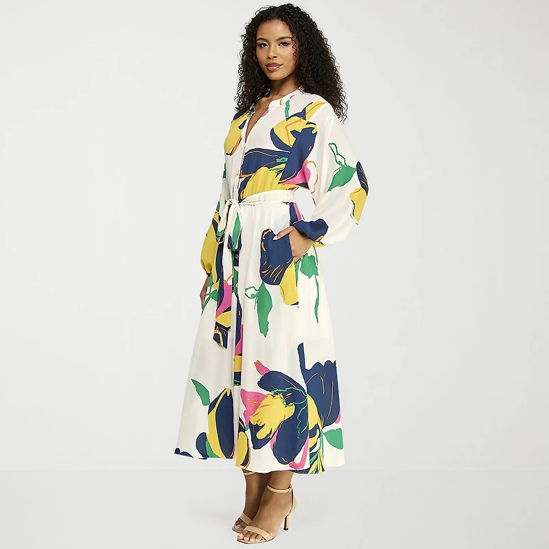Premier Amour Womens Midi V Neck Long Sleeve Puffed Floral Fit + Flare Dress