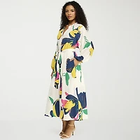 Premier Amour Womens Midi V Neck Long Sleeve Puffed Floral Fit + Flare Dress