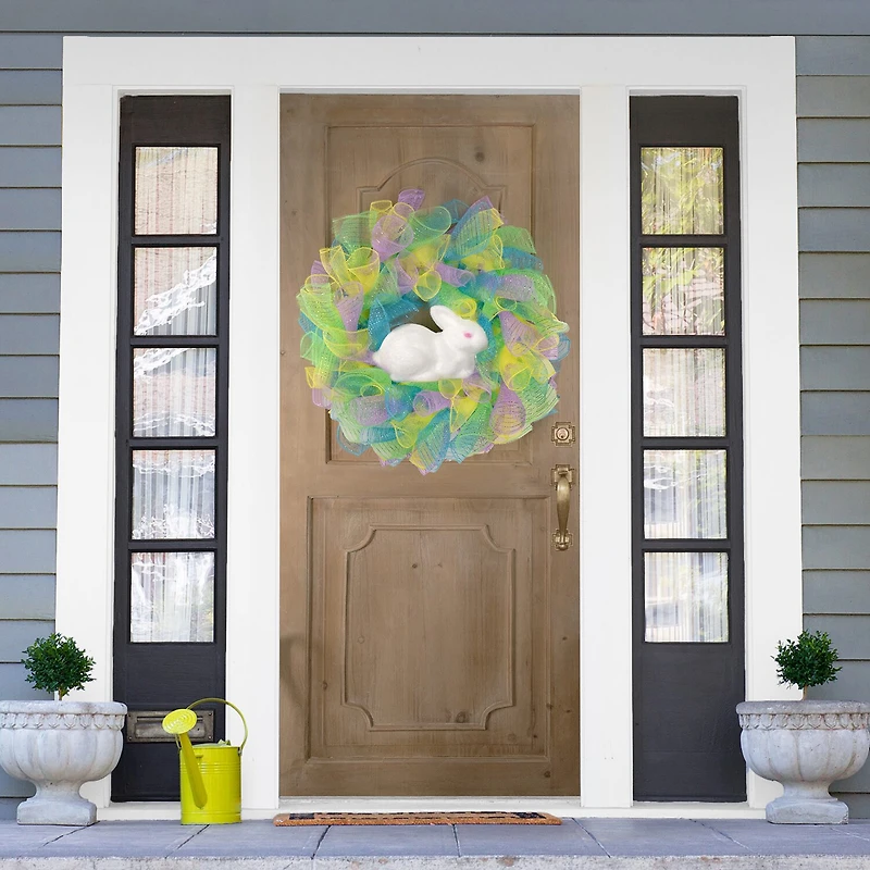 Northlight 24" Pastel Deco Mesh Ribbon Bunny Wreath