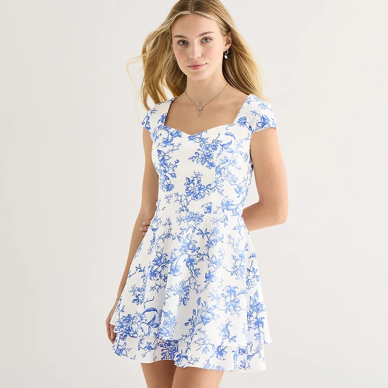 Dear Moon Womens Juniors Sweetheart Neck Short Sleeve Cap Floral Fit + Flare Dress
