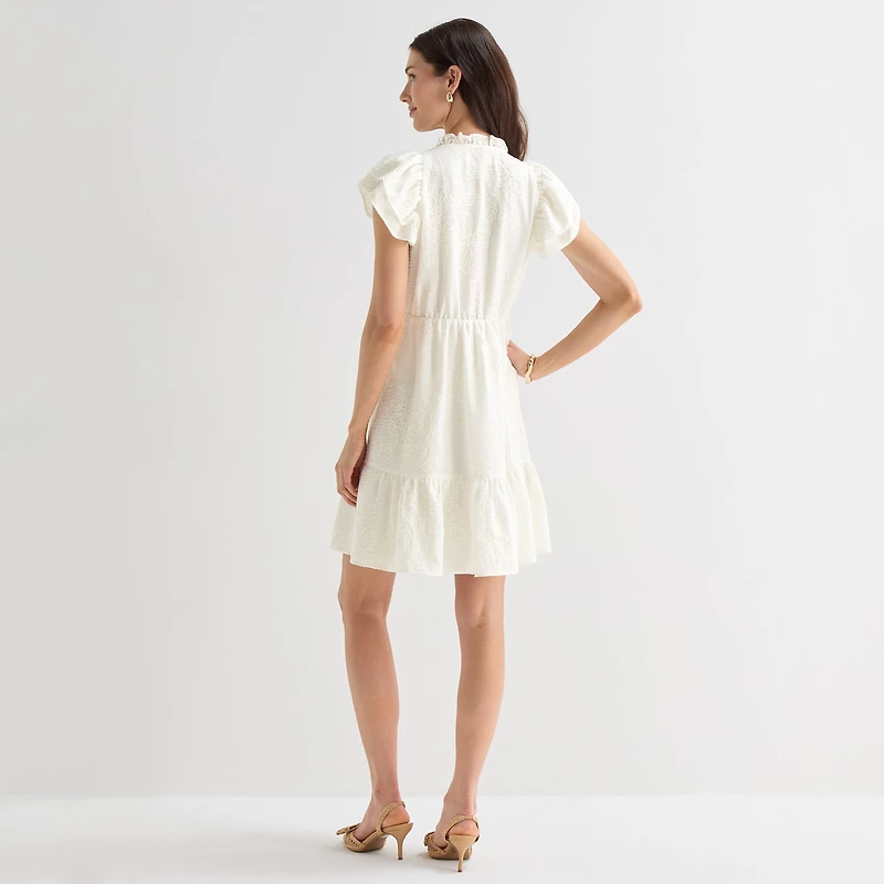 Willow Glenn Womens V Neck Short Sleeve Embroidered Babydoll Dress